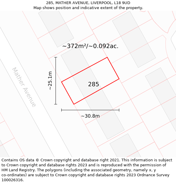 285, MATHER AVENUE, LIVERPOOL, L18 9UD: Plot and title map