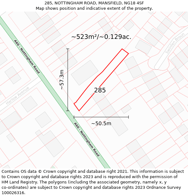 285, NOTTINGHAM ROAD, MANSFIELD, NG18 4SF: Plot and title map