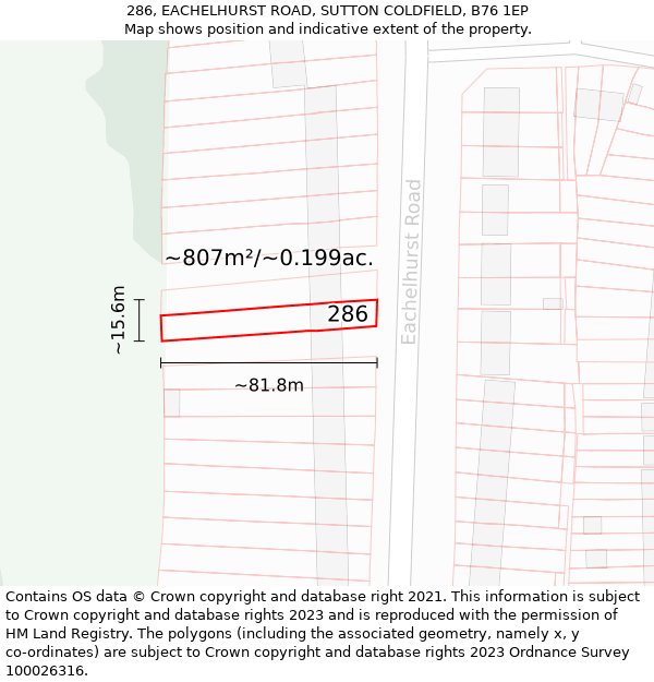 286, EACHELHURST ROAD, SUTTON COLDFIELD, B76 1EP: Plot and title map