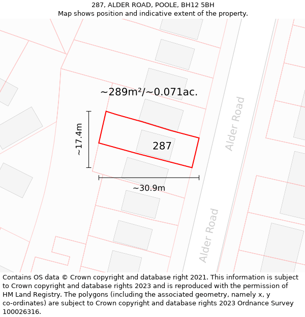 287, ALDER ROAD, POOLE, BH12 5BH: Plot and title map