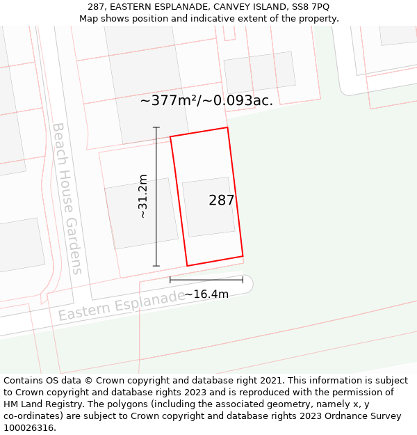 287, EASTERN ESPLANADE, CANVEY ISLAND, SS8 7PQ: Plot and title map