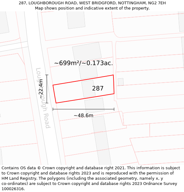 287, LOUGHBOROUGH ROAD, WEST BRIDGFORD, NOTTINGHAM, NG2 7EH: Plot and title map