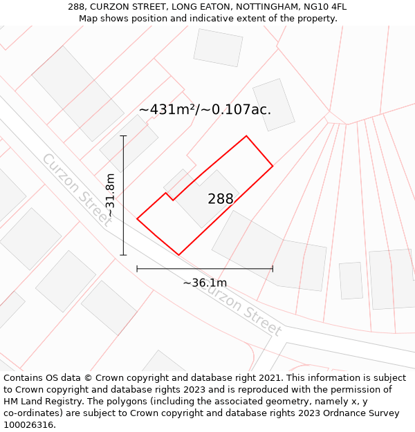 288, CURZON STREET, LONG EATON, NOTTINGHAM, NG10 4FL: Plot and title map