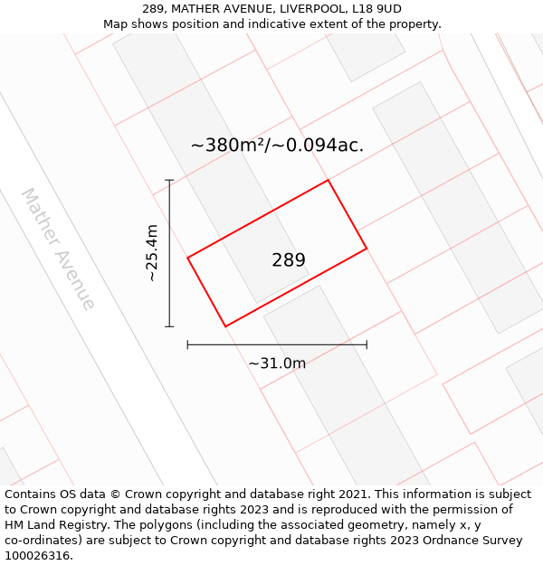 289, MATHER AVENUE, LIVERPOOL, L18 9UD: Plot and title map