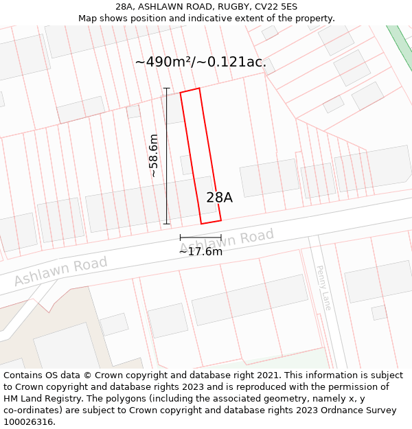 28A, ASHLAWN ROAD, RUGBY, CV22 5ES: Plot and title map