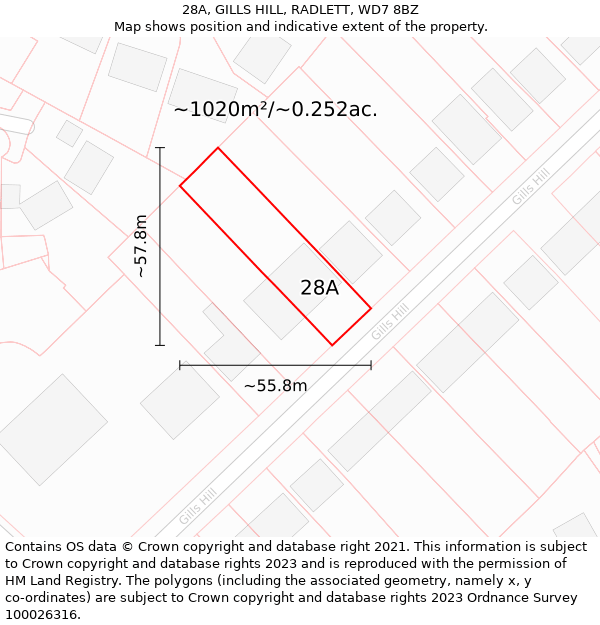 28A, GILLS HILL, RADLETT, WD7 8BZ: Plot and title map