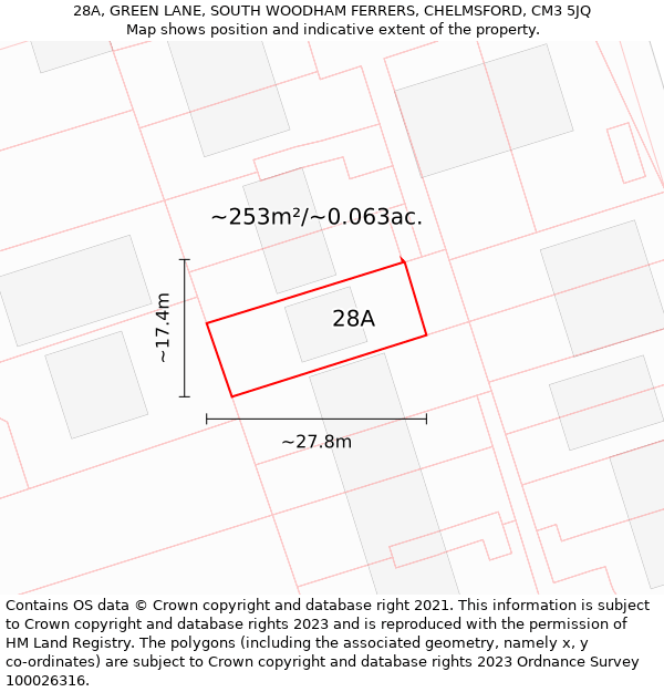 28A, GREEN LANE, SOUTH WOODHAM FERRERS, CHELMSFORD, CM3 5JQ: Plot and title map