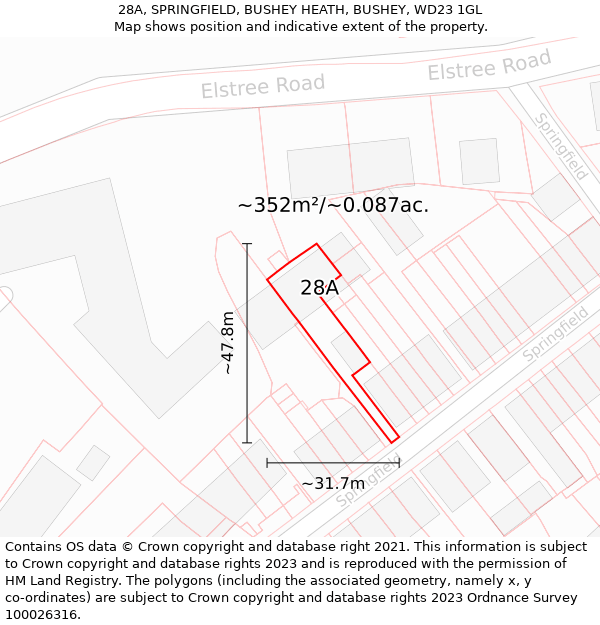 28A, SPRINGFIELD, BUSHEY HEATH, BUSHEY, WD23 1GL: Plot and title map