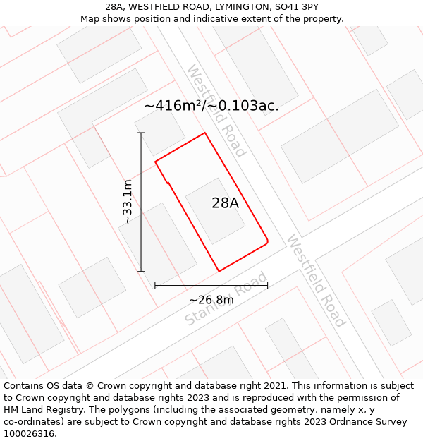 28A, WESTFIELD ROAD, LYMINGTON, SO41 3PY: Plot and title map