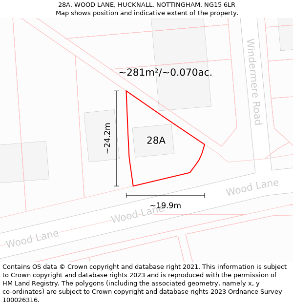 28A, WOOD LANE, HUCKNALL, NOTTINGHAM, NG15 6LR: Plot and title map