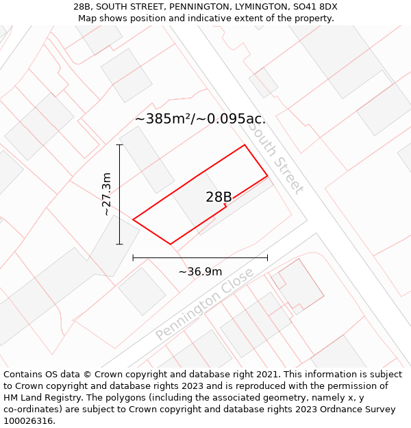 28B, SOUTH STREET, PENNINGTON, LYMINGTON, SO41 8DX: Plot and title map