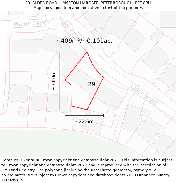 29, ALDER ROAD, HAMPTON HARGATE, PETERBOROUGH, PE7 8BU: Plot and title map