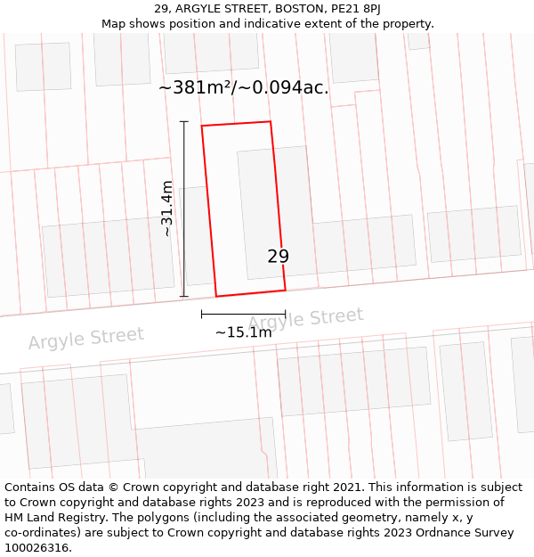29, ARGYLE STREET, BOSTON, PE21 8PJ: Plot and title map