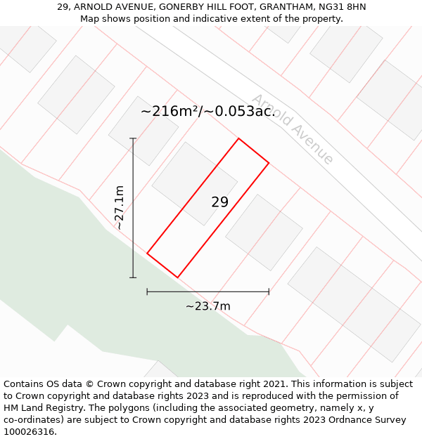 29, ARNOLD AVENUE, GONERBY HILL FOOT, GRANTHAM, NG31 8HN: Plot and title map