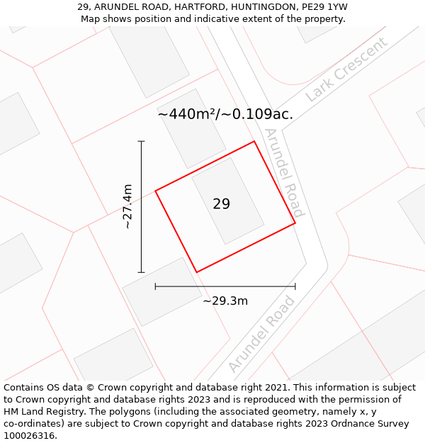 29, ARUNDEL ROAD, HARTFORD, HUNTINGDON, PE29 1YW: Plot and title map