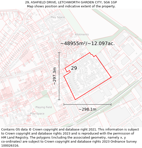 29, ASHFIELD DRIVE, LETCHWORTH GARDEN CITY, SG6 1GP: Plot and title map