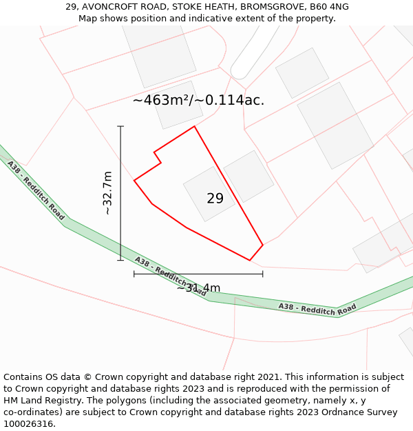 29, AVONCROFT ROAD, STOKE HEATH, BROMSGROVE, B60 4NG: Plot and title map