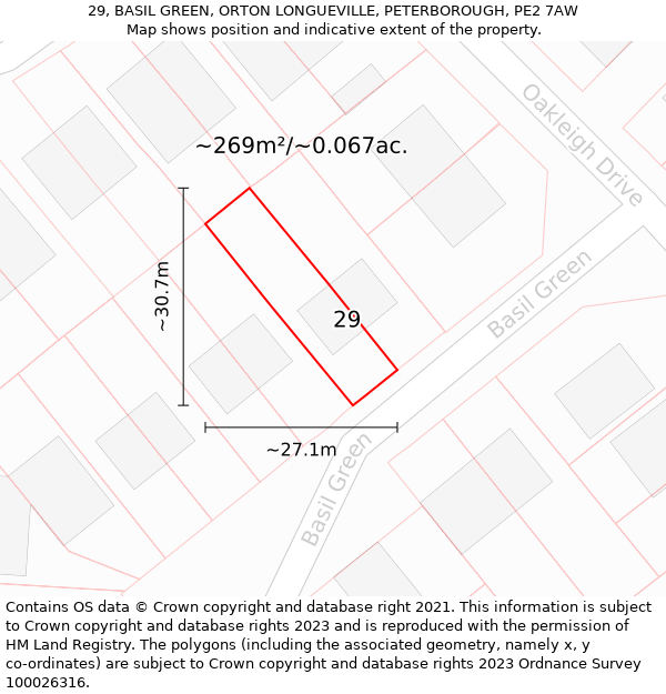 29, BASIL GREEN, ORTON LONGUEVILLE, PETERBOROUGH, PE2 7AW: Plot and title map