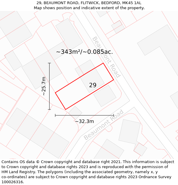 29, BEAUMONT ROAD, FLITWICK, BEDFORD, MK45 1AL: Plot and title map