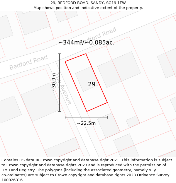 29, BEDFORD ROAD, SANDY, SG19 1EW: Plot and title map