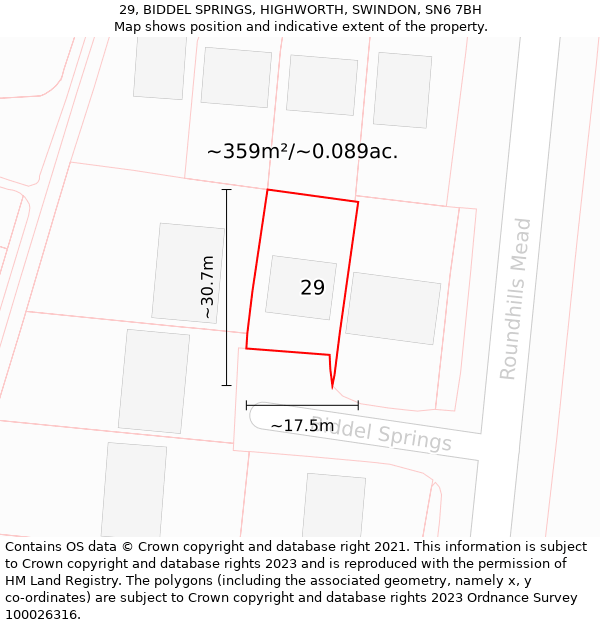 29, BIDDEL SPRINGS, HIGHWORTH, SWINDON, SN6 7BH: Plot and title map