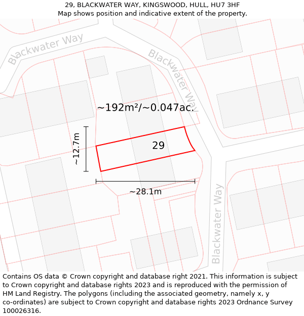 29, BLACKWATER WAY, KINGSWOOD, HULL, HU7 3HF: Plot and title map