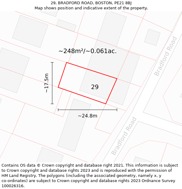 29, BRADFORD ROAD, BOSTON, PE21 8BJ: Plot and title map