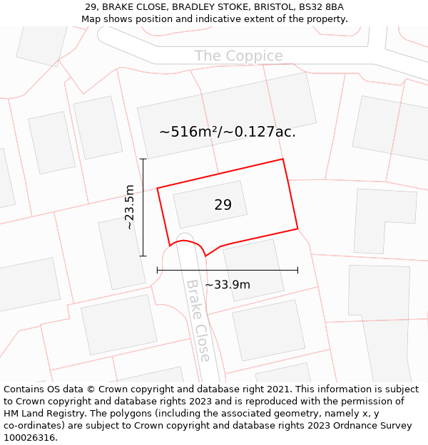 29, BRAKE CLOSE, BRADLEY STOKE, BRISTOL, BS32 8BA: Plot and title map