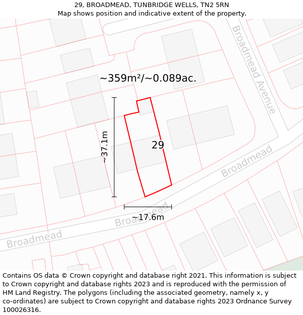 29, BROADMEAD, TUNBRIDGE WELLS, TN2 5RN: Plot and title map