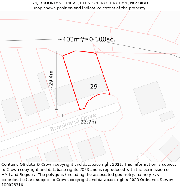 29, BROOKLAND DRIVE, BEESTON, NOTTINGHAM, NG9 4BD: Plot and title map