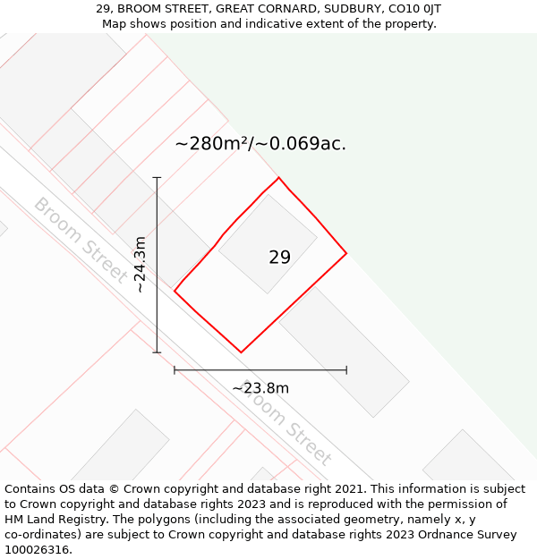 29, BROOM STREET, GREAT CORNARD, SUDBURY, CO10 0JT: Plot and title map