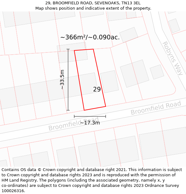 29, BROOMFIELD ROAD, SEVENOAKS, TN13 3EL: Plot and title map