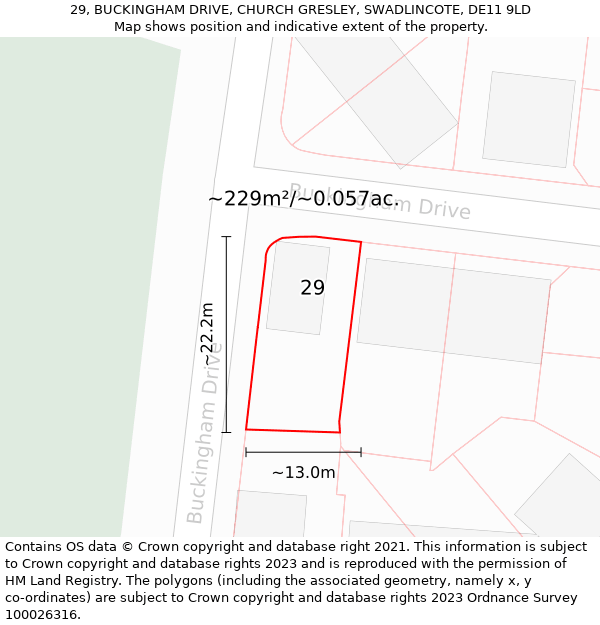 29, BUCKINGHAM DRIVE, CHURCH GRESLEY, SWADLINCOTE, DE11 9LD: Plot and title map