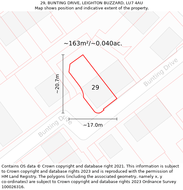 29, BUNTING DRIVE, LEIGHTON BUZZARD, LU7 4AU: Plot and title map