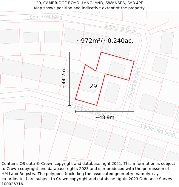 29, CAMBRIDGE ROAD, LANGLAND, SWANSEA, SA3 4PE: Plot and title map