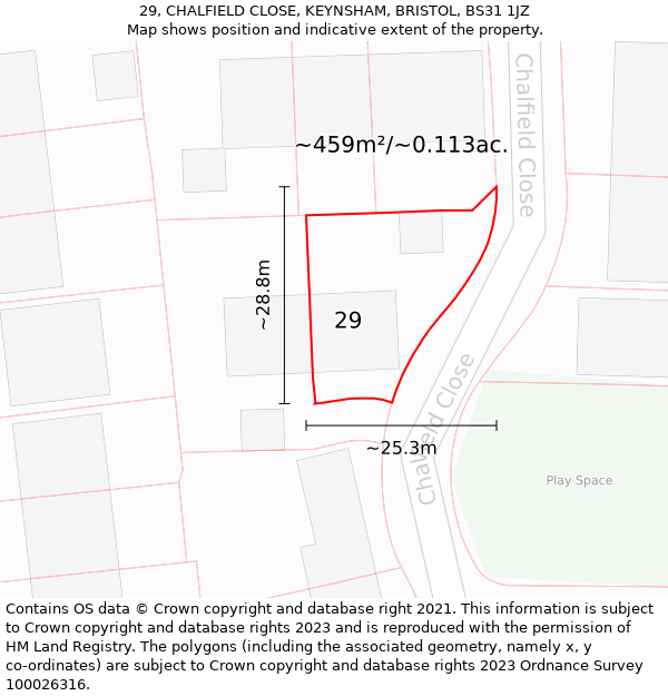 29, CHALFIELD CLOSE, KEYNSHAM, BRISTOL, BS31 1JZ: Plot and title map