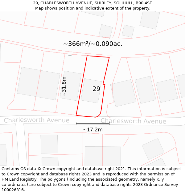 29, CHARLESWORTH AVENUE, SHIRLEY, SOLIHULL, B90 4SE: Plot and title map