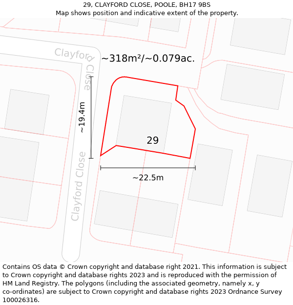 29, CLAYFORD CLOSE, POOLE, BH17 9BS: Plot and title map