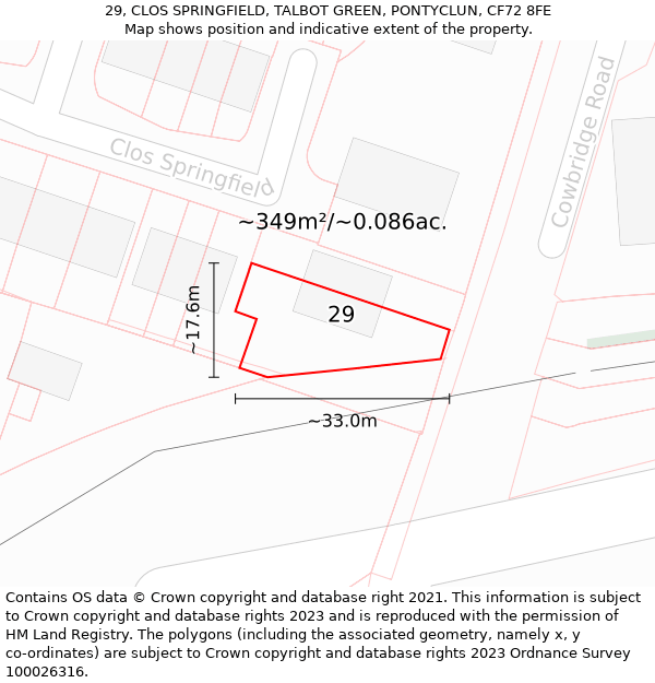 29, CLOS SPRINGFIELD, TALBOT GREEN, PONTYCLUN, CF72 8FE: Plot and title map