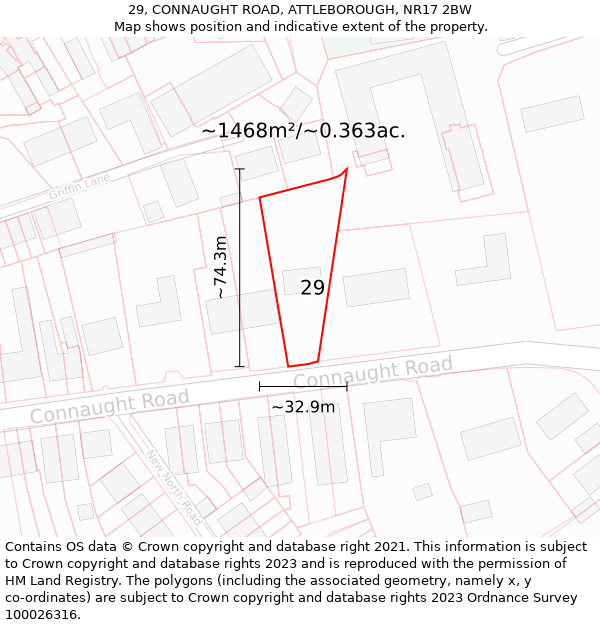 29, CONNAUGHT ROAD, ATTLEBOROUGH, NR17 2BW: Plot and title map