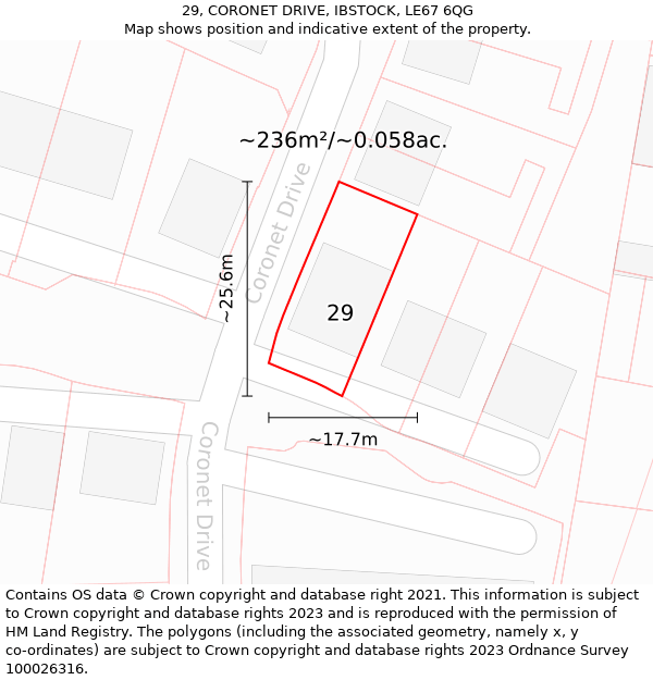 29, CORONET DRIVE, IBSTOCK, LE67 6QG: Plot and title map