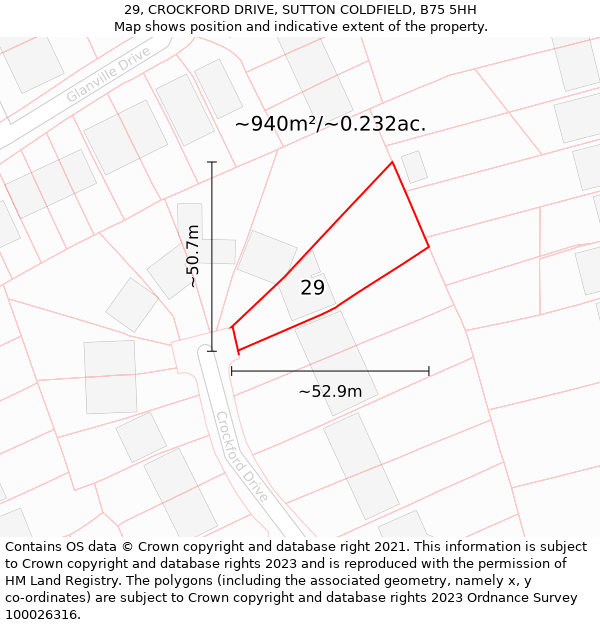 29, CROCKFORD DRIVE, SUTTON COLDFIELD, B75 5HH: Plot and title map