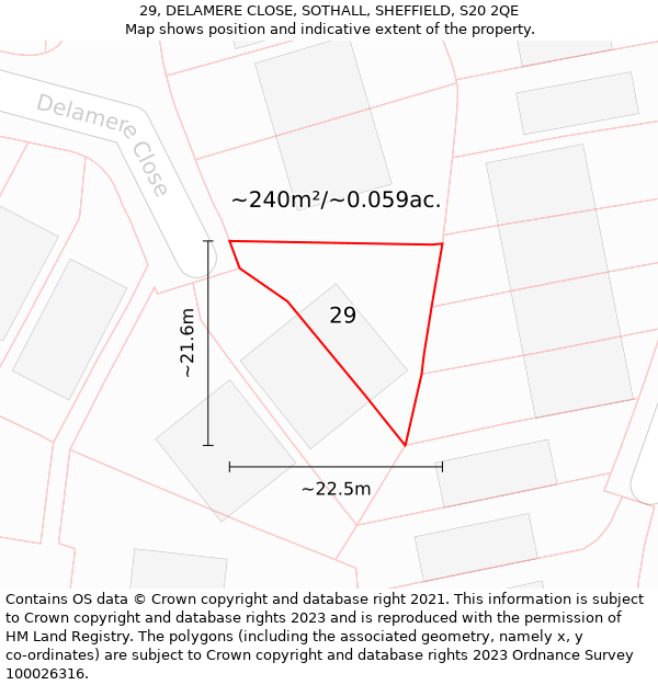 29, DELAMERE CLOSE, SOTHALL, SHEFFIELD, S20 2QE: Plot and title map