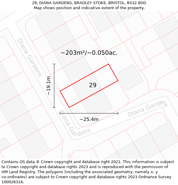 29, DIANA GARDENS, BRADLEY STOKE, BRISTOL, BS32 8DD: Plot and title map