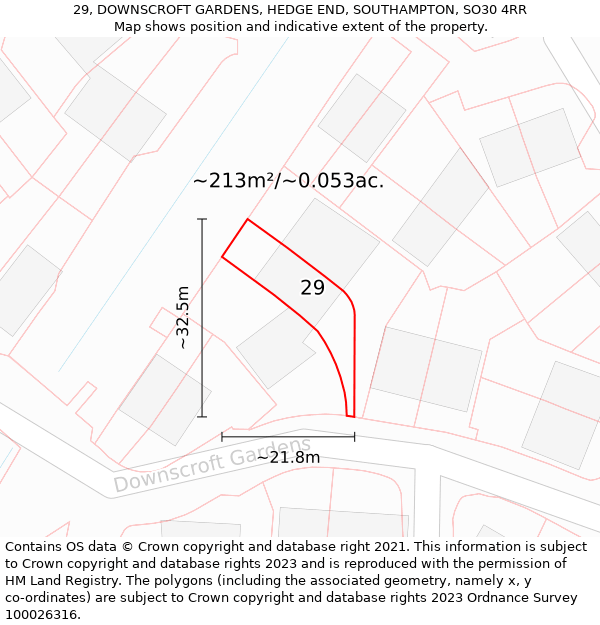 29, DOWNSCROFT GARDENS, HEDGE END, SOUTHAMPTON, SO30 4RR: Plot and title map