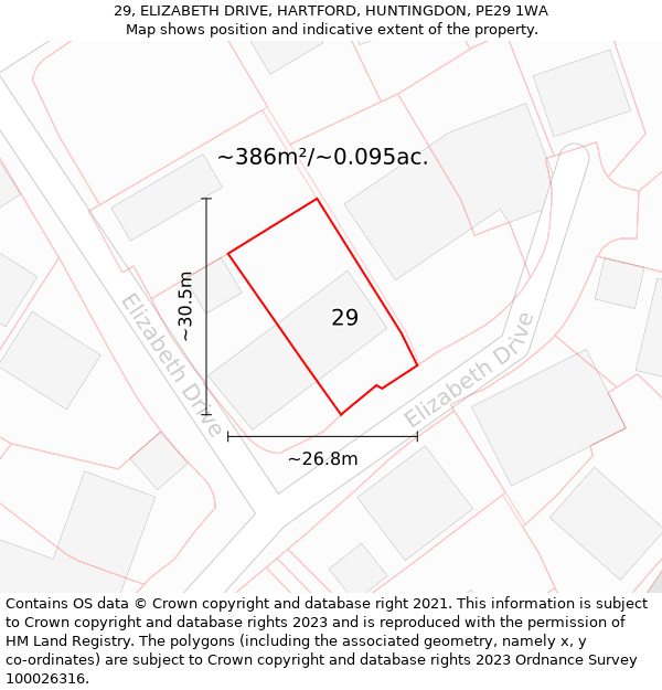 29, ELIZABETH DRIVE, HARTFORD, HUNTINGDON, PE29 1WA: Plot and title map