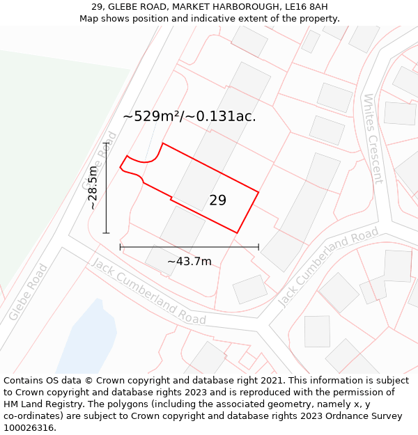 29, GLEBE ROAD, MARKET HARBOROUGH, LE16 8AH: Plot and title map