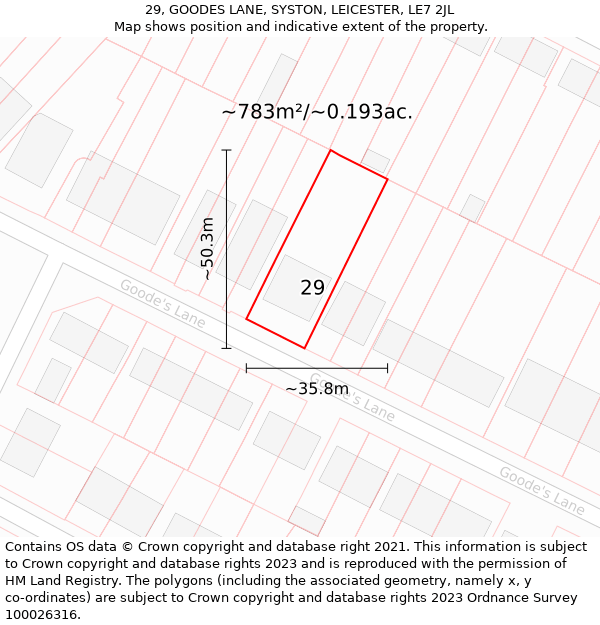 29, GOODES LANE, SYSTON, LEICESTER, LE7 2JL: Plot and title map