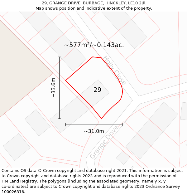 29, GRANGE DRIVE, BURBAGE, HINCKLEY, LE10 2JR: Plot and title map