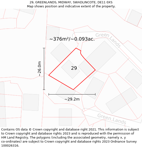 29, GREENLANDS, MIDWAY, SWADLINCOTE, DE11 0XS: Plot and title map